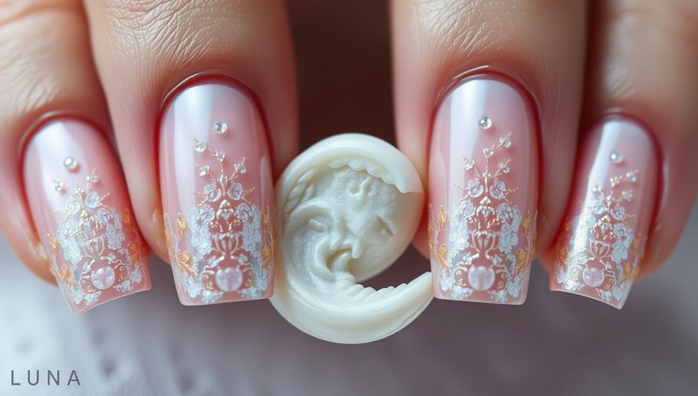 Elaborate 3D nail art design featuring a raised, sculptural Luna moon shape in the center of the nails. Delicate, intricate patterns and textures across the nail surface, with a pearlescent, iridescent finish that catches the light. Subtle gradients of soft, natural hues, like pinks, lavenders, and silvery grays, creating depth and dimension. The nails appear finely manicured, with a high-quality, professional-level execution. Lighting is soft and diffused, emphasizing the volume and texture of the nail design. Overall, a visually striking, technically impressive set of nails that showcases the unique "Top Drop" technique from LUNA.